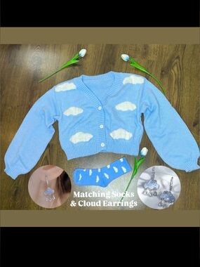 🎀☁️🩵 Whimsical Blue & White Cloud Knit Cardigan Sweater Socks & Earrings☁️🩵🎀 NWT